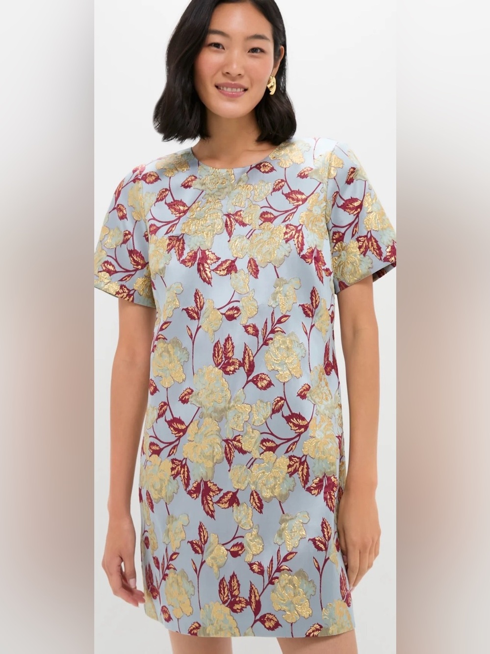 Pomander Place Slate Blue Floral Mae Dress | Metallic Brocade Mini | Size L NWOT